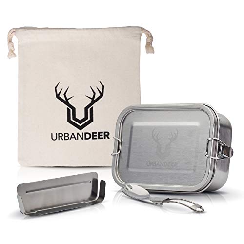 URBANdeer® Lunchbox Set M | 800ml | NEU | Premium Edelstahl Brotdose. Auslaufsicher mit Flexibler Trennwand, Besteck & Beutel. Ohne BPA & Plastik. Brotbox für Reisen, Büro, Schule, Studium, Meal Prep von URBANdeer