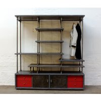 Lanz - Reclaimed Holz Und Galvanisierte Pfeife Freistehende Garderobe Mit Bemalten Osb Schubladen Aufbewahrung Schiebetüren Aus Stahl von UrbanGrainInteriors