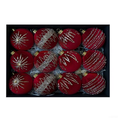 12-teiliges Samt-Weihnachtsbaumschmuck-Set, 8 cm, beflockte hängende Kugel-Dekorationen für Baum, Kränze, Girlanden und festliche Dekoration für Zuhause (rot) von UrbanHui