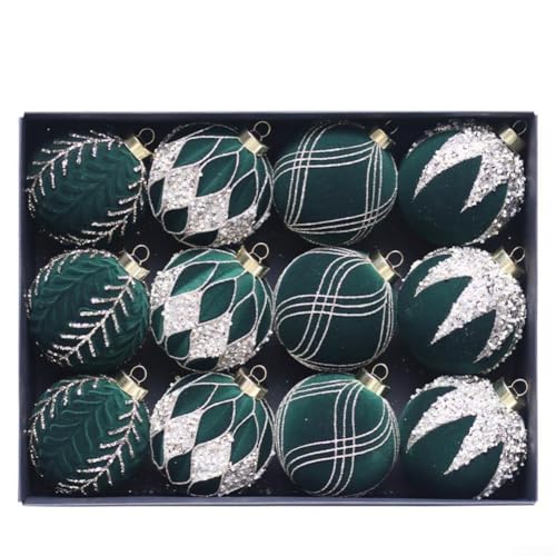 Beflockte Glitzer-Weihnachtskugel-Ornamente, Set mit 12 Stück, 8 cm Durchmesser, Kunststoff, Urlaubsdekoration, lebendige Farben für Weihnachtsbaum, festliche Präsentation (dunkelgrün) von UrbanHui