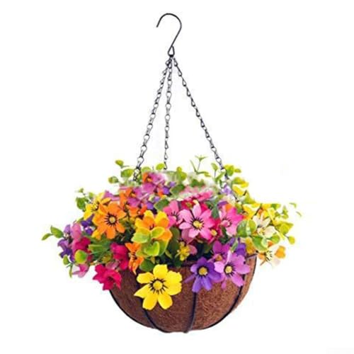 Rattan-Hängekorb mit künstlichem Blumenarrangement, UV-sicher, für den Außenbereich, Hausgarten Dekoration (E) von UrbanHui