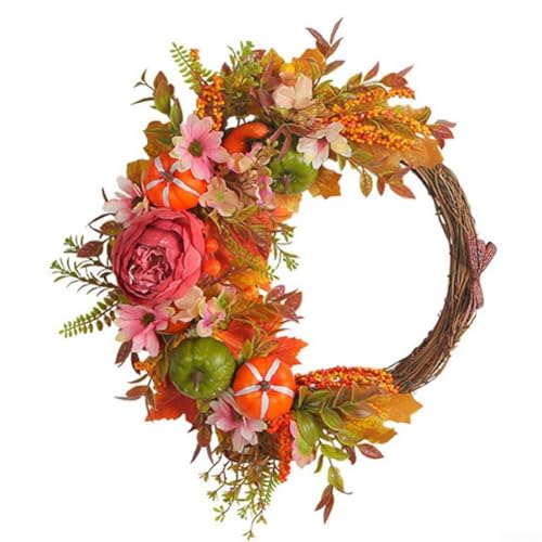 Rustikaler Herbstkranz mit künstlichen Blumen und Kürbiselementen für Veranda, Wand, Fenster, Haustür, saisonale Heimdekoration, Erntedank-Stil (orange) von UrbanHui