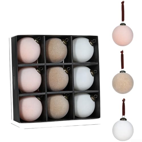 UrbanHui 9-teiliges Samt-Weihnachtskugel-Set, 8 cm, beflockte Kunststoff-Hängedekorationen für Baum und Ferienhaus (helle Version) von UrbanHui