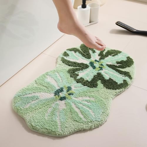 UrbanHui Geschwungener Badezimmerteppich mit Blumen-Design, weiche Mikrofaser, rutschfeste und saugfähige Badematte (grün) von UrbanHui