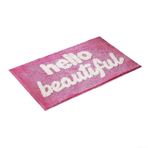 UrbanHui Hello Beautiful Badematte, rutschfest und saugfähig, mit Plüsch-Polyester-Material für Badezimmer, Schlafzimmer oder Balkon, leicht zu pflegender Teppich (Rosa) von UrbanHui