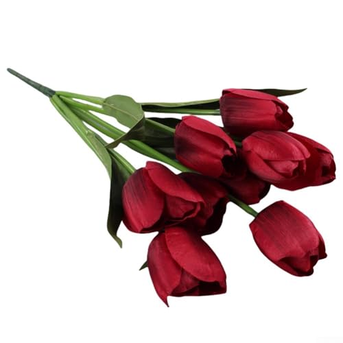 UrbanHui Künstlicher Tulpenstrauß mit 9 Blütenköpfen, Kunststoff, für Hochzeit, Heimdekoration, drinnen und draußen (rot) von UrbanHui