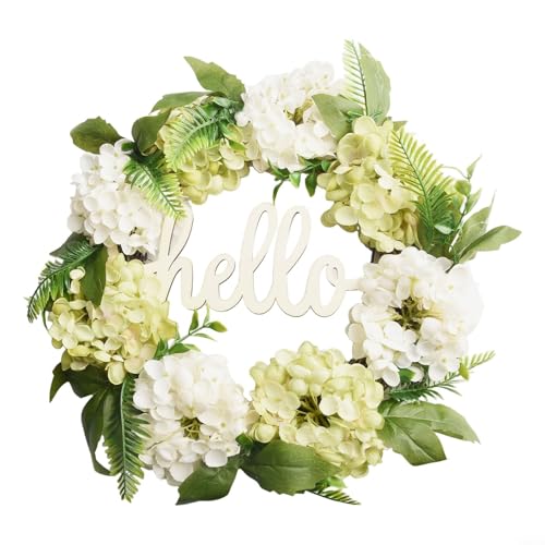 UrbanHui Künstlicher grüner Hortensienkranz mit Hello-Schild für Haustür, Wand, Innen- und Außenbereich, Heimdekoration, Hochzeitsfeier, 40 cm UrbanHui Künstlicher grüner Hortensienkranz mit Hello-Schild für Haustür, Wand, Innen- und Außenbereich, Heimdekoration, Hochzeitsfeier, 40 cm von UrbanHui