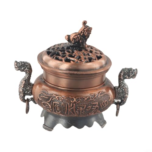 UrbanHui Räucherstäbchenhalter mit doppeltem Drachen-Design, Metalllegierung, Hohlkappe, für Zuhause, Wohnzimmer, Büro, Meditation (rotes Kupfer) von UrbanHui