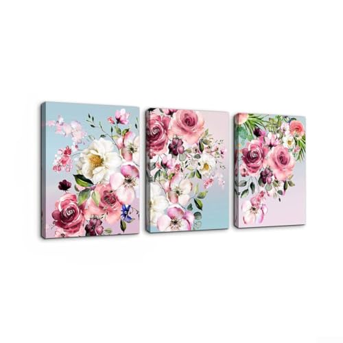 UrbanHui Rosa weiße Blume Leinwand Wandkunst für Schlafzimmer Dekor ungerahmt Triptychon Malerei Set Wohnzimmer Arbeitszimmer Korridor Heimdekoration 3 Stück 30 x 40 cm von UrbanHui