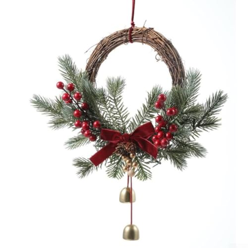 Weihnachtskranz mit Rattansockel, festliche Glocken, Tannenzapfen, Beeren, rote Schleife, Innen- und Außenbereich, Dekoration, 35 cm, rot, grün, einfach aufzuhängen, Tür, Fenster, Urlaubsdekoration (B von UrbanHui