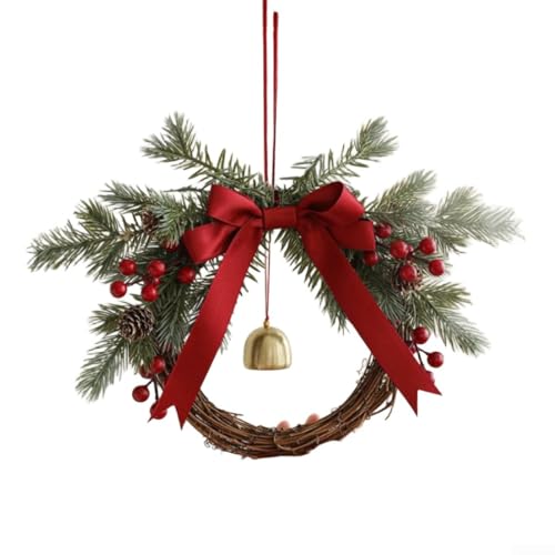 Weihnachtskranz mit Rattansockel, festliche Glocken, Tannenzapfen, Beeren, rote Schleife, Innen- und Außenbereich, Dekoration, 35 cm, rot, grün, einfach aufzuhängen, für Tür, Fenster von UrbanHui