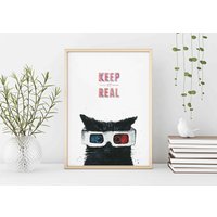 Glückliche Katze, 3D-Katze, 29, 7x42 cm, Katze Poster, Kunstdruck, Home Deco, Tier Urbanjungestories, Schwarze Halten Sie Es Echt von UrbanJungleStories