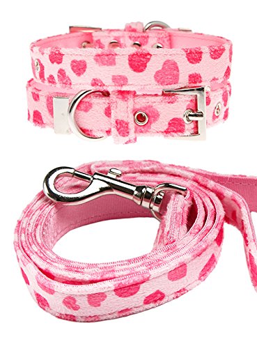 UrbanPup-Hundehalsband + Hundeleine aus Stoff - Motiv: rosa Herzen; 1 Set von UrbanPup