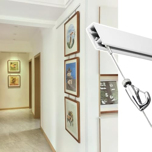 Bilderschienen Aufhängesystem Wanddeko-Bilderaufhängungssysteme für Zuhause Wandhalterung für Weiße Gipswände, Bilderschienen mit Haken und Verstellbarem Draht(3.3'/1m Cable,60"/152cm Track) von UrbanUp