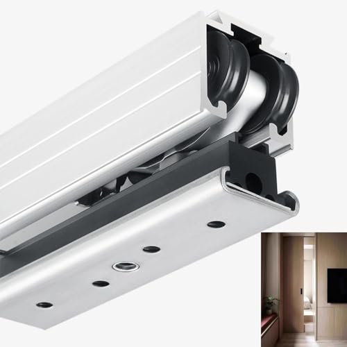 Schiebetür Komplettset Einzelner Soft-Close-Scheunentorbeschlag für Holztüren, Anpassbare Schiebetürschiene mit Spiegel, Versteckte Schiebetürschiene für Raumteiler(White,145cm/57in) von UrbanUp