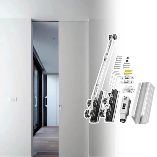 Schiebetür Komplettset Leise Schiebetürführung für Schränke, Scheunentor-Beschlagsatz, Moderne Bypass-Schiene im Hängestil, Schiebetürschiene mit Sanftem Schließmechanismus(White,1.8m(5.9ft)) von UrbanUp