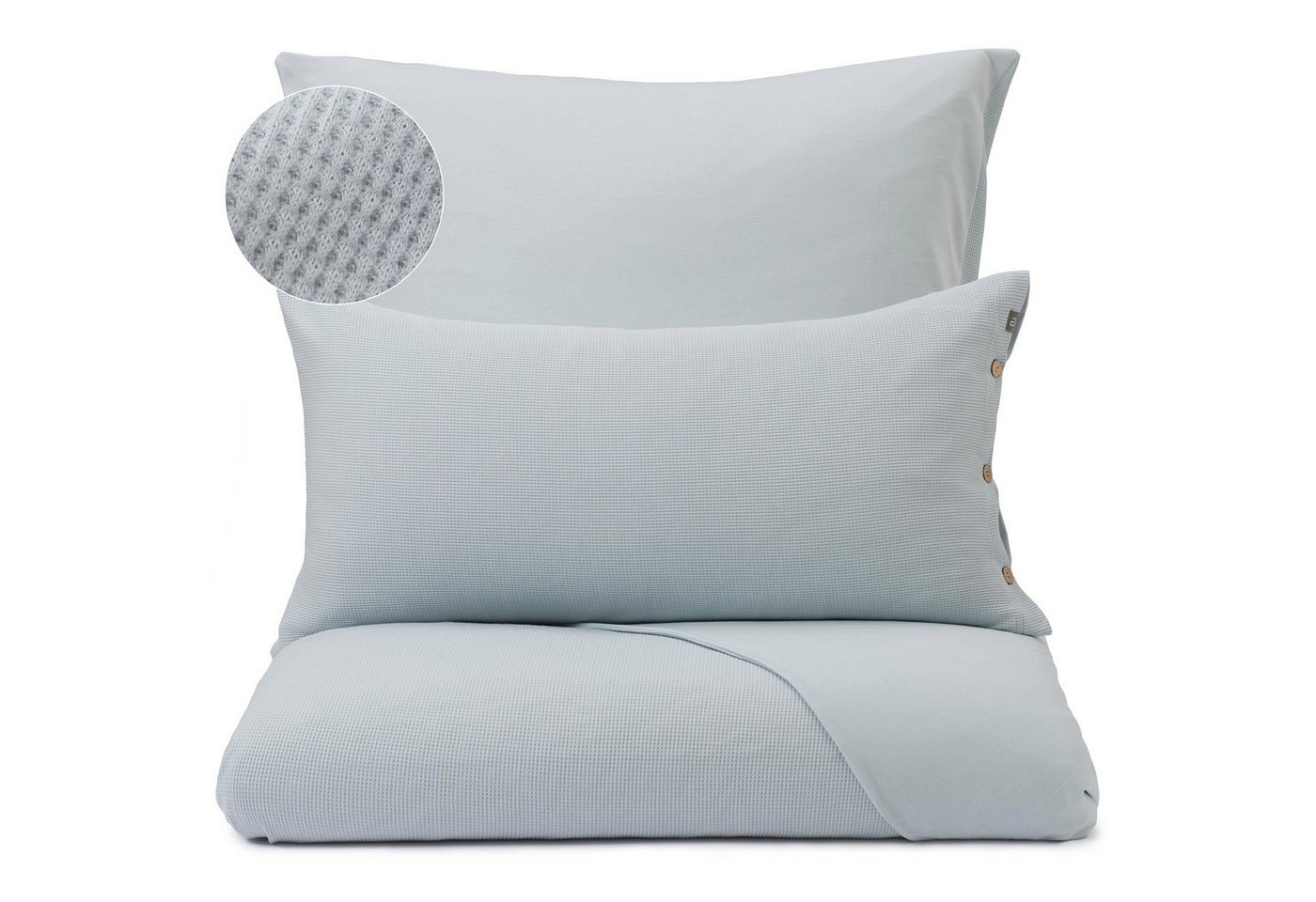 Urbanara Partnerbettwäsche Bettwäsche-Set Medelo I 100% Baumwolle, Jersey, 3 teilig, Weiche Jersey Bettwäsche mit Waffelstruktur & Kokosnussknöpfen von Urbanara
