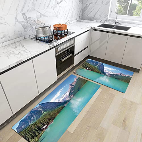 2stk Küchenteppich Waschbar rutschfest Küchenmatte,Lake Decor, Berg und Lake Louise Panorama im Banff Nationalpark Alberta Kanada, Türkis,Küchenläufer Fußmatte Teppich Läufer Badematten 45x70+45x120cm von Urbanrags