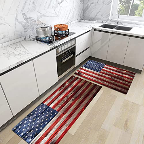 2stk Küchenteppich Waschbar rutschfest Küchenmatte,Rustikale amerikanische USA-Flagge, Unabhängigkeitstag des vierten Juli verwitterte Re,Küchenläufer Fußmatte Teppich Läufer Badematten 45x70+45x120cm von Urbanrags