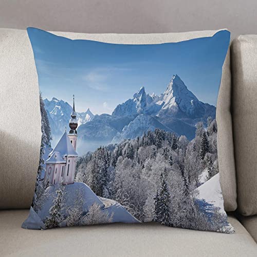 Kissenbezug 50 x 50 cm,Winter, verschneite bayerische Alpen mit Maria Gern mit berühmten Watzmann-,Dekor Kissenhülle Kissenbezüge mit Verstecktem Reißverschluss, Couchkissen,Sofakissen Kopfkissenbezug von Urbanrags