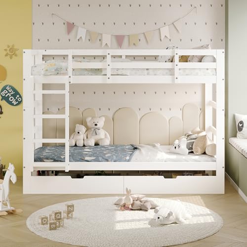 Etagenbett 90x200cm Hochbett Kinderbetten mit 2 Schubladen,für 2 Kinder,Massivholzbett Weiß, Jugendbett umbaubar zu 2 Einzelbetten, aus Massivholz und MDF von Urbihive