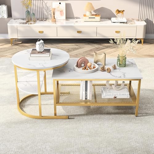 Urbihive 2er Set Couchtisch,Modern Wohnzimmertisch, Rund und Rechteck Beistelltisch mit Stauraum,Marmor Optik,Satztische Sofatisch Kaffeetisch, für Wohnzimmer,Gold (Gold) von Urbihive