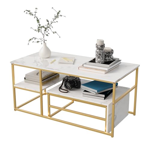 Urbihive 2er Set Couchtisch,Rechteck Beistelltisch,Wohnzimmertisch mit Kunstmarmor und goldenem Metallrahmen,Satztische Sofatisch Kaffeetisch (Weiß+Golden 3) von Urbihive