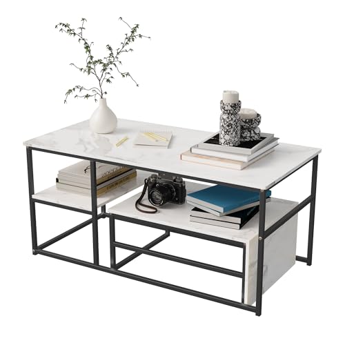 Urbihive 2er Set Couchtisch,Rechteck Beistelltisch,Wohnzimmertisch mit Kunstmarmor und schwarzem Metallrahmen,Satztische Sofatisch Kaffeetisch (Weiß+Schwarz 3) von Urbihive