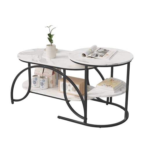 Urbihive 2er Set Couchtisch,Rund und Oval Beistelltisch,Wohnzimmertisch mit Kunstmarmor und schwarzem Metallrahmen,Satztische Sofatisch Kaffeetisch(Weiß+Schwarz 4) von Urbihive