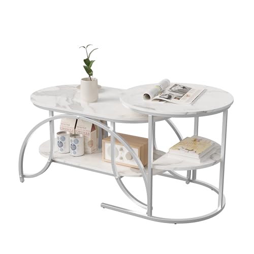 Urbihive 2er Set Couchtisch,Rund und Oval Beistelltisch,Wohnzimmertisch mit Kunstmarmor und silbernem Metallrahmen,Satztische Sofatisch Kaffeetisch (Silber + Weiß) von Urbihive