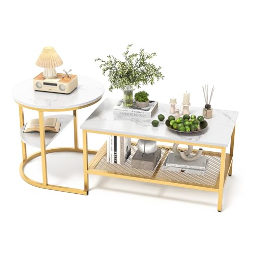 Urbihive Couchtisch 2er-Satztisch Beistelltisch stapelbarer Sofatisch (Runder Tisch Oval,Marmoroptik,mit Ablagebode), 80x46x41cm+52x52x51cm (Weiß-Gold) von Urbihive