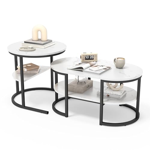 Urbihive Couchtisch 2er-Satztisch Beistelltisch stapelbarer Sofatisch (Runder Tisch Oval,Marmoroptik,mit Ablagebode), 80x46x41cm+52x52x51cm (Weiß-Schwarz Stil B) von Urbihive