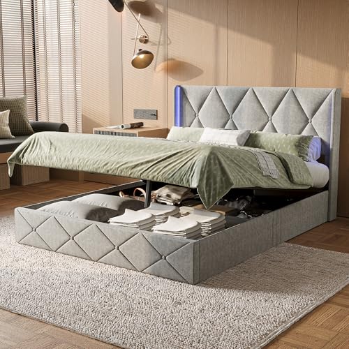 Urbihive Doppelbett, 140 x 200 cm, gepolstert, mit Kopfteil und Lattenrost, mit LED-Licht, Doppelbett, Samtstoff, Grau (160 x 200 cm) von Urbihive