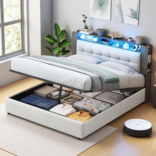 Urbihive Doppelbett, gepolstert, 140 x 200 cm, mit LED-Beleuchtung und kabellosem Laden, hydraulisches Lagerbett mit Kopfteil und Lattenrost, Samtgewebe (Beige, 140 x 200 cm) von Urbihive