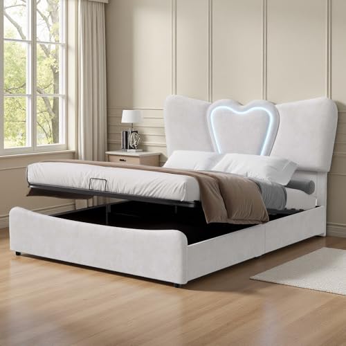 Urbihive Doppelbett 140 x 200 cm, gepolstertes Bett, hydraulisches Lagerbett mit LED-Licht und USB-Ladung, mit Kopfteil und Lattenrost, Samtstoff, Beige, ohne Matratze (Beige, 140 x 200 cm) von Urbihive