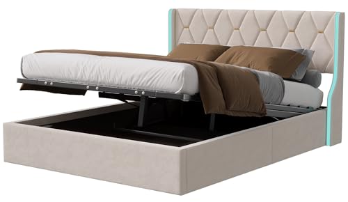 Urbihive Doppelbett 140 x 200 cm mit Kopfteil und Lattenrost für Doppelbett mit LED-Licht, gepolstert mit Aufbewahrung, Beige, ohne Matratze, Material aus Samt (140 x 200 cm) von Urbihive
