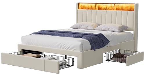 Urbihive Doppelbett mit Kopfteil und Lattenrost, 140 x 200 cm, Doppelbett mit LED-Licht und USB-Ladekabel, gepolstert mit 4 Schubladen mit Aufbewahrung, Material Samt, ohne Matratze (140 x 200 cm) von Urbihive