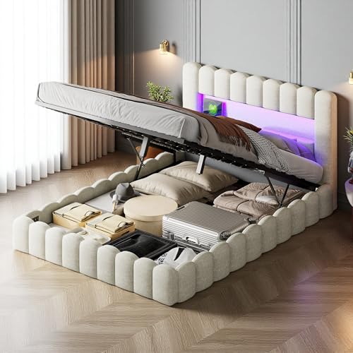 Urbihive Doppelbett mit LED-Licht und USB-Ladefunktion, gepolstert, 140 x 200 cm, mit hydraulischer Lagerung, mit Kopfteil und Lattenrost, Beige, Baumwoll- und Leinenstoff (Beige, 140 x 200 cm) von Urbihive