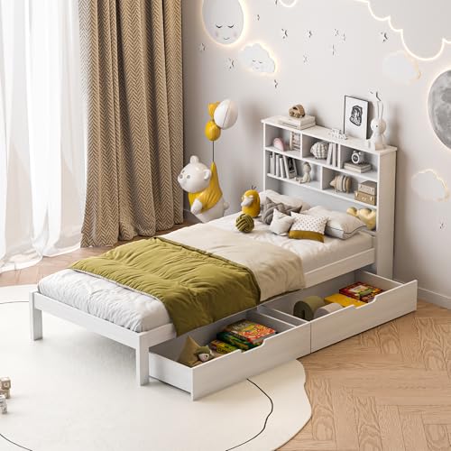 Urbihive Holzbett 90x200cm Einzelbett Massivholzbett Jugendbett mit 2 Schubladen,mit Lattenrost,Kiefer,Bett für Kinder und Jugendliche von Urbihive