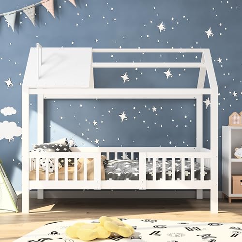Urbihive Kinderbett 90x200 cm Massivholzbett Holzbett Weiß mit Lattenrost Hausbett Einzelbett mit Rausfallschutz von Urbihive