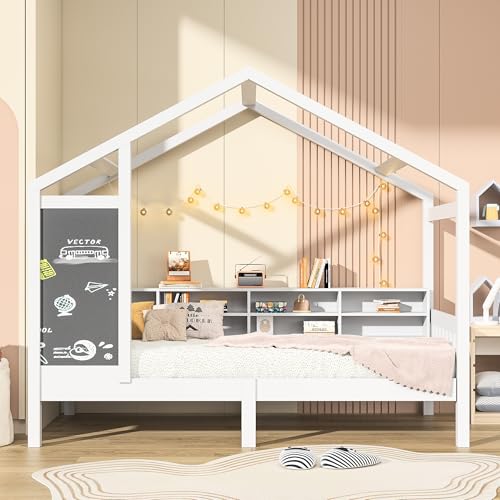 Urbihive Kinderbett 90x200cm, Einzelbett in Hausform,mit Tafel und Stauraum,Hüttenbett für Kinderzimmer,mit Standard-Lattenrost und Schutzbarriere von Urbihive