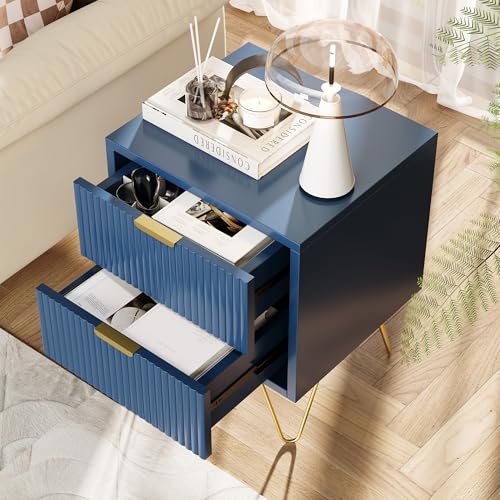 Urbihive Nachttisch 2er Set,Nachtschrank mit 2 Schubladen für Boxspringbett Sofatisch Beistelltisch mit Metallfüßen Nachtkommode für Schlafzimmer, Wohnzimmer (Dunkelblau, 40x35.5x50cm) von Urbihive