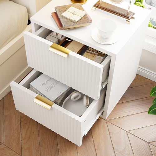 Urbihive Nachttisch 2er Set,Nachtschrank mit 2 Schubladen für Boxspringbett Sofatisch Beistelltisch mit Metallfüßen Nachtkommode für Schlafzimmer, Wohnzimmer (Weiß, 40x40x55cm) von Urbihive