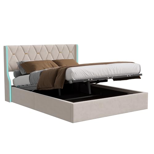Urbihive Polsterbett 140 x 200 cm, Kopfteil mit LED-Leuchten auf beiden Seiten, hydraulisches Lagerbett, mit Lattenrost, ohne Matratze, Beige Urbihive Polsterbett 140 x 200 cm, Kopfteil mit LED-Leuchten auf beiden Seiten, hydraulisches Lagerbett, mit Lattenrost, ohne Matratze, Beige von Urbihive