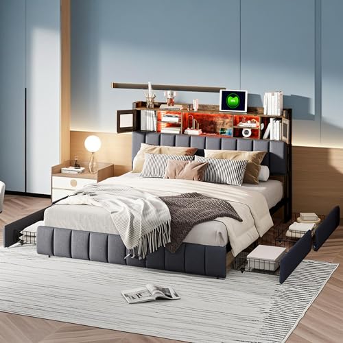 Urbihive Polsterbett 140x200 cm mit LED-Beleuchtung und USB-Ladeanschluss, Doppelbett mit 4 Schubladen,Stauraumbett,Modern Bett Jugendbett Bettgestell, Leinen Schwarz, Ohne Matratze (140x200cm) von Urbihive