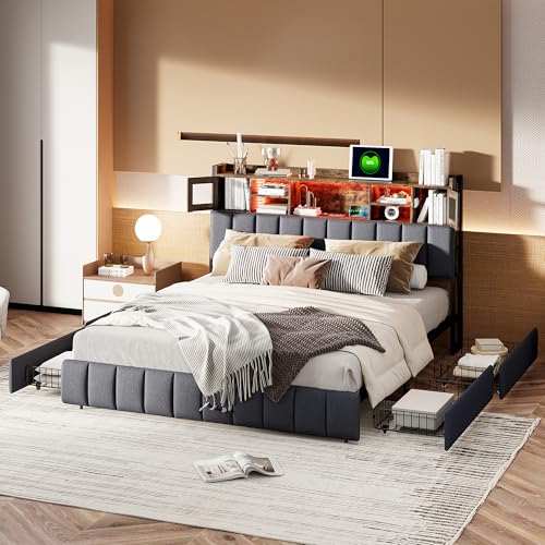 Urbihive Polsterbett 160x200 cm mit LED-Beleuchtung und USB-Ladeanschluss, Doppelbett mit 4 Schubladen,Stauraumbett,Modern Bett Jugendbett Bettgestell, Leinen Schwarz, Ohne Matratze (160x200cm) von Urbihive