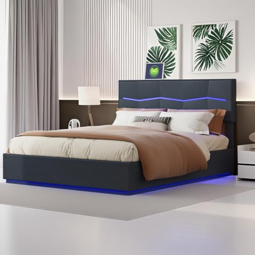 Urbihive Polsterbett LED Doppelbett,Bett 160x200cm,Hydraulisch Stauraumbett mit Bettkasten,Bettgestell mit USB und Lattenrost,Höhenverstellbares Kopfteil,Jugendbett,PU-Oberfläche, Schwarz (160x200cm) von Urbihive