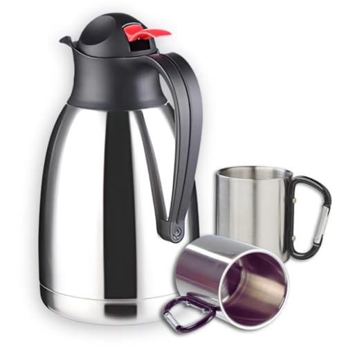 URBISELL Thermokanne aus Edelstahl | Thermoskanne Kaffee zum Mitnehmen | Kaffeemaschine mit Schraubdeckel | Fassungsvermögen 1,2 Liter | Ideal für heiße und kalte Getränke | inkl. 2 Tassen 220 ml mit von Urbisell