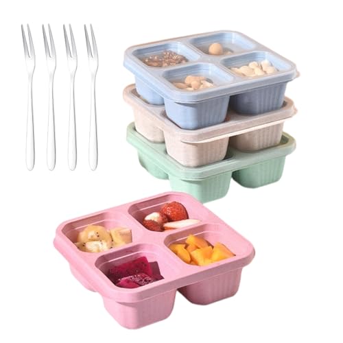 Urganvem 4 Stück Snackbox mit Fächern, 4 Fächer Bento Snackbox, Snack-Behälter mit transparentem Deckel und Fruchtgabel, Wiederverwendbare Snack-Behälter für Schule Arbeit Reisen von Urganvem