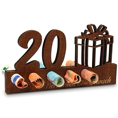 Urhome 20. Geburtstag DIY Geldgeschenk Holz Ständer Dunkel Braun - 20 Jahre Geschenk - Geburtstagsständer Glückwunsch Jubiläum Feier, Holz-Schild Gästebuch für Mann Frau Sohn Tochter Opa Freunde von Urhome